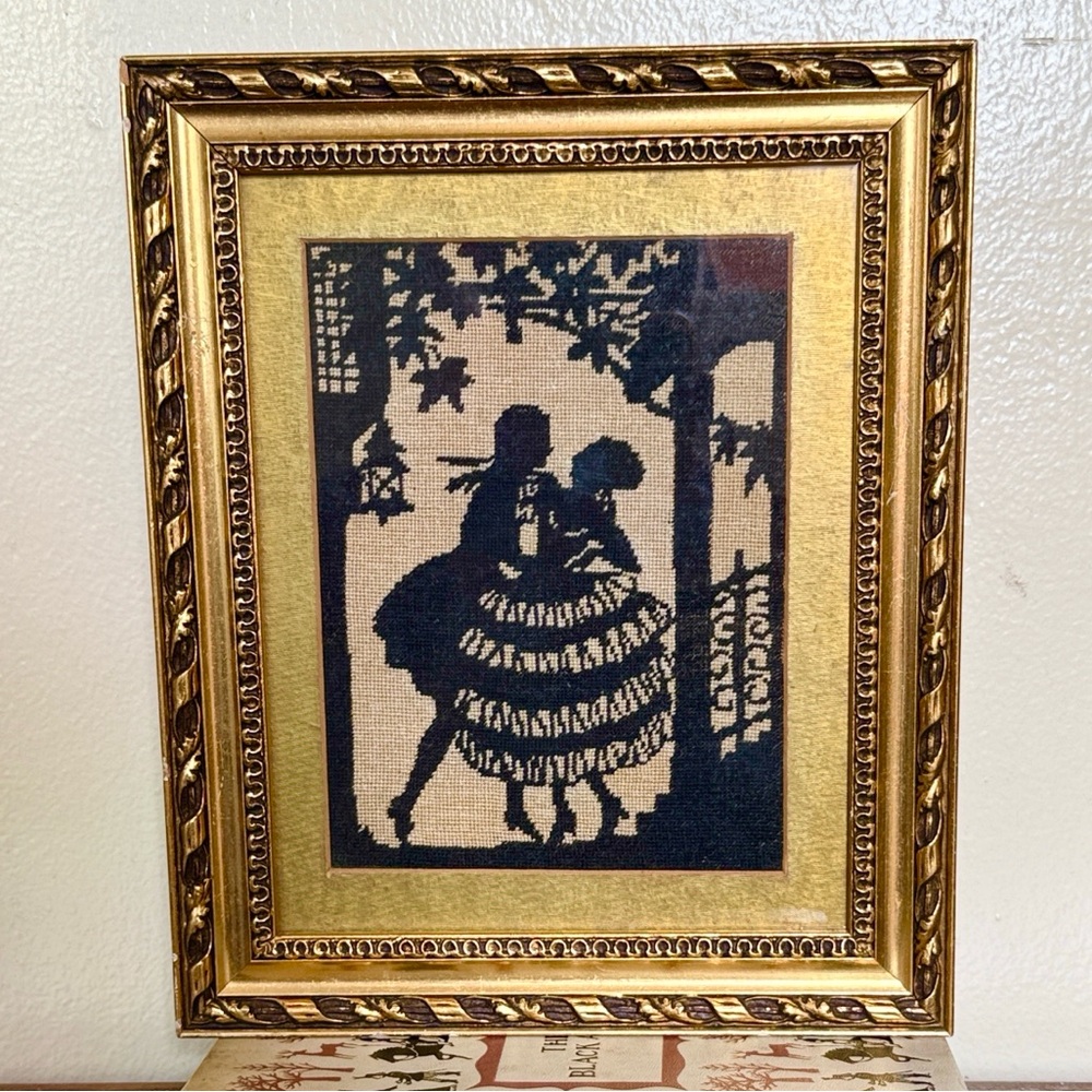 Vintage framed needlepoint lovers silhouette